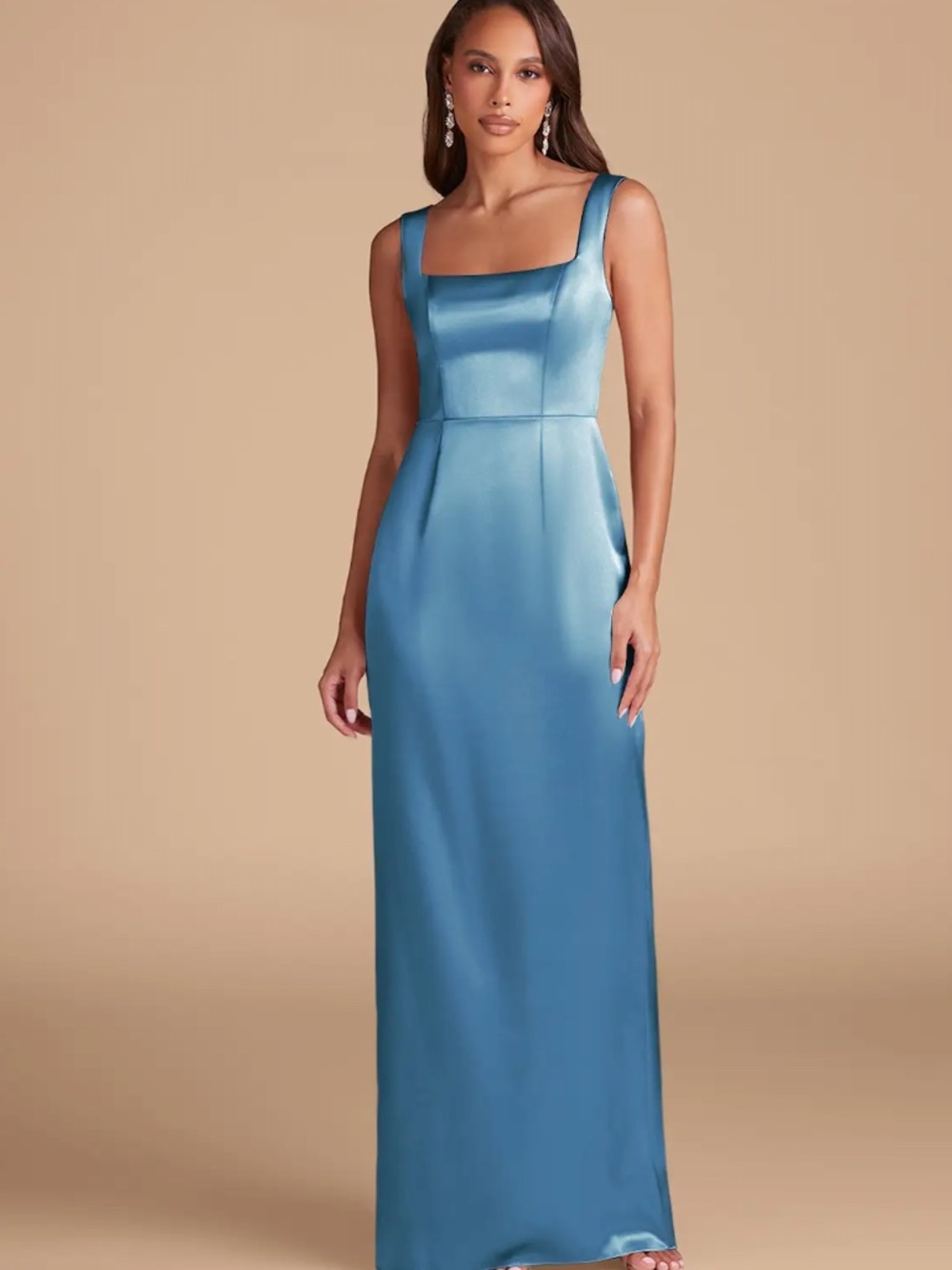 Azazie Flori  Steel Blue Sheath Side Slit Metallic Satin Dress A10